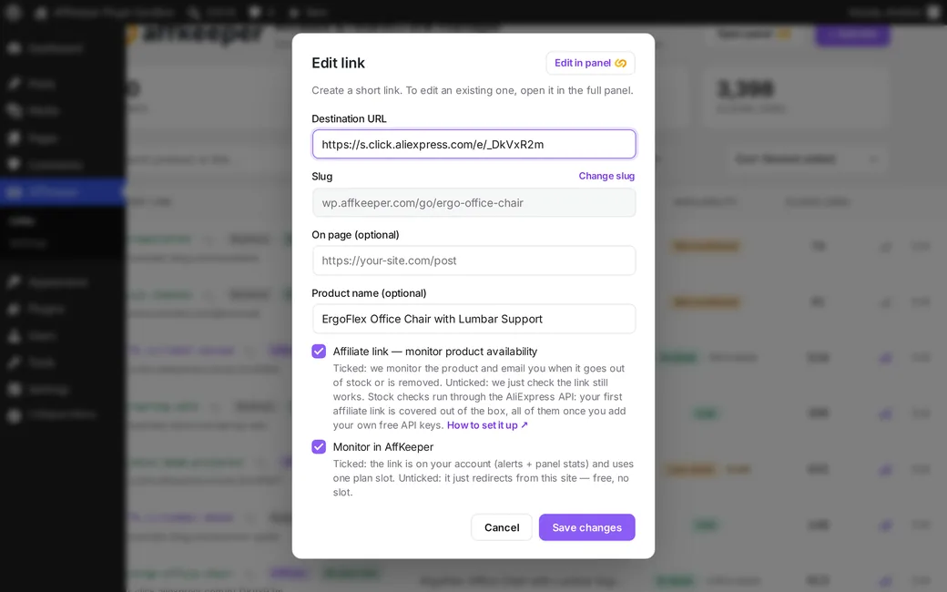 Edit link dialog in WordPress with monitoring toggles