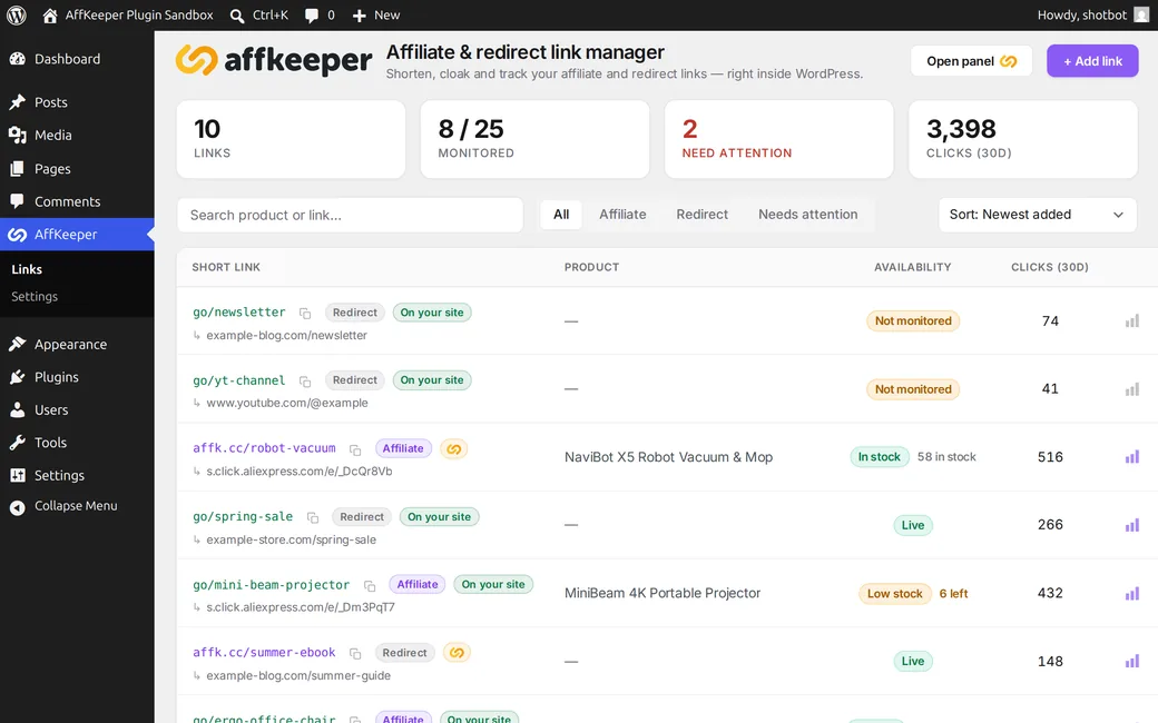 AffKeeper Links screen in wp-admin with availability badges and click counts